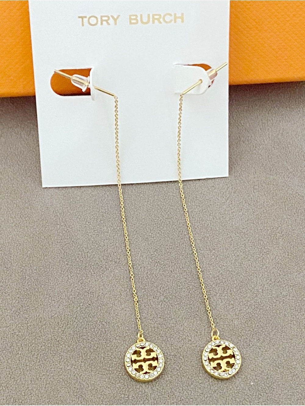 Tory Burch Gold Crystal Logo drop Earrings